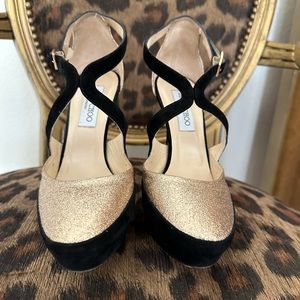 Jimmy Choo Tulip Glitter-Suede Platform Pump Sz 38.5 Black/Gold